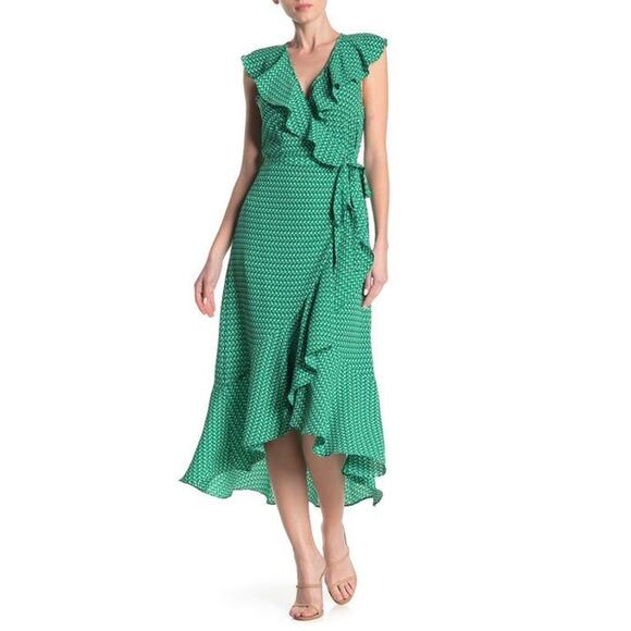 Max Studio Green Printed Asymmetric Midi Wrap Dress Ruffle Detail Size Large - Picture 1 of 5